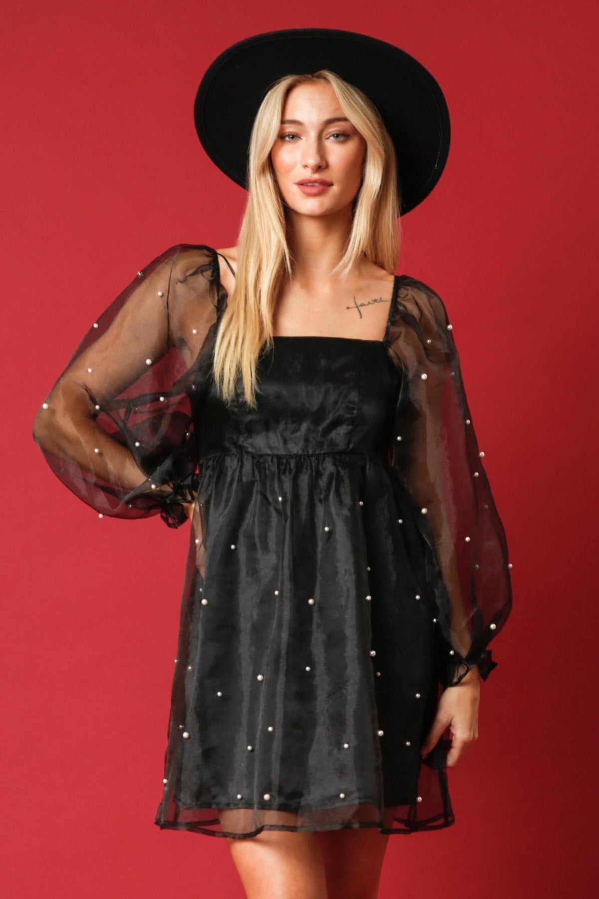 Blk Organza w/ Pearls Dress