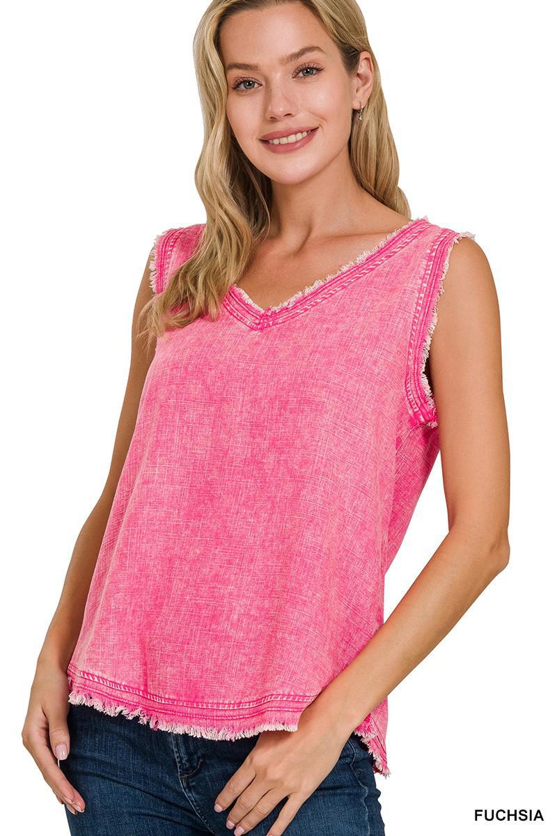 Asst Colors Washed Linen V-Neck Top
