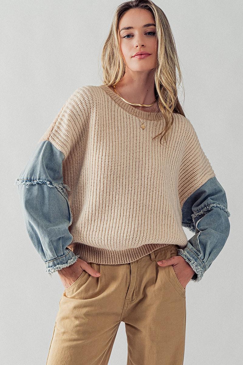 Denim Sleeve Knit Sweater