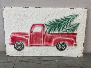 Red truck with tree sign