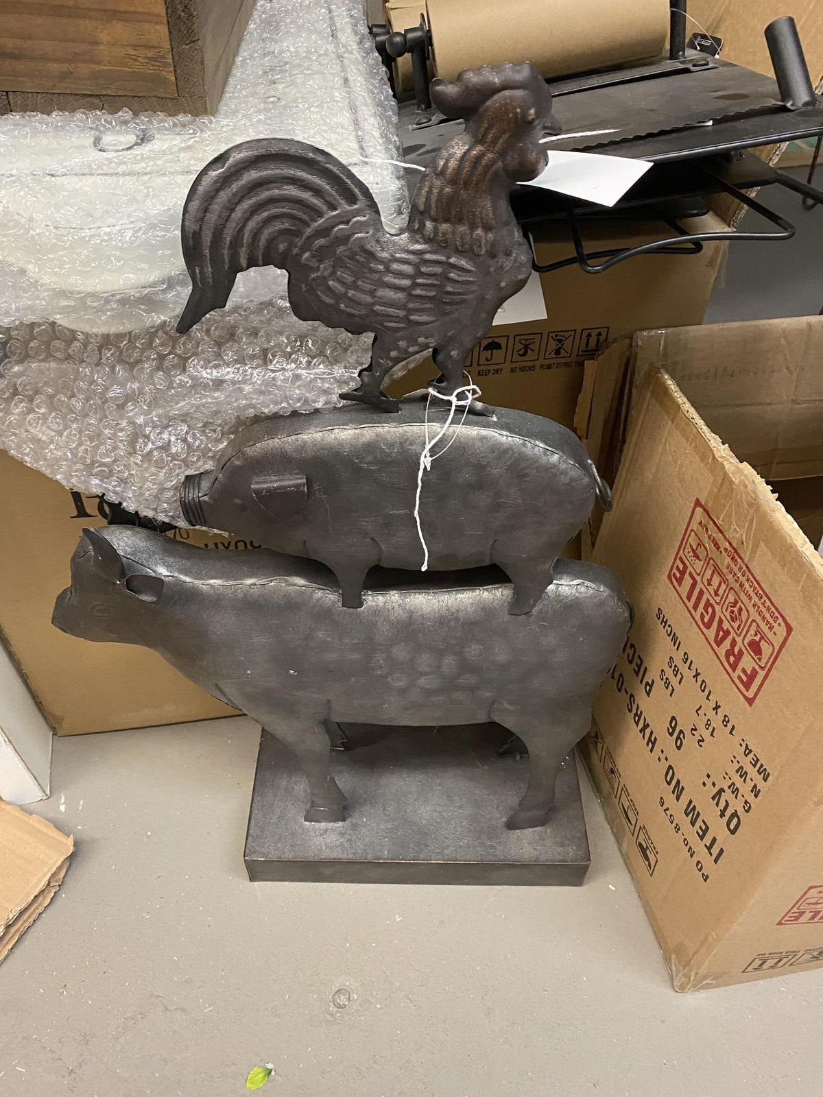 Metal Cow, Pig and Rooster Stand