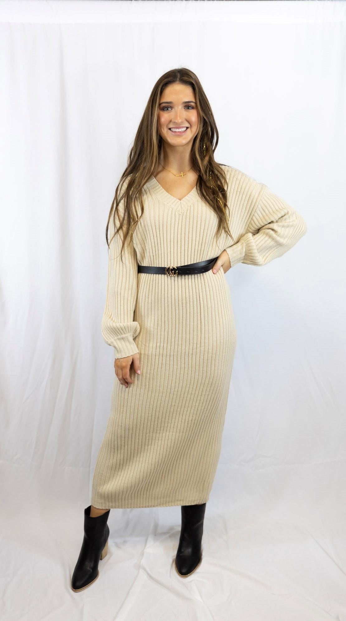 Oatmeal V-Neck Ribbed Sweater Dress